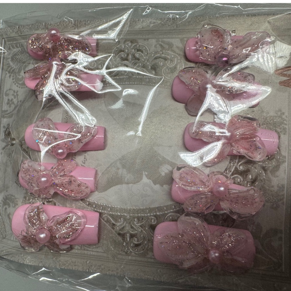 Press On Nails Pink Bow Glitter Sparkle False‎ Nails Set Women's Manicure